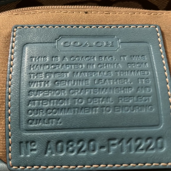 COACH HAMPTON SIGNATURE JACQUARD KHAKI/BROWN SATCHEL WITH TEAL LEATHER TRIM - Picture 2 of 12